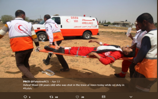 Photo retrieved from the Palestine Red Crescent Society’s Twitter account on 13 April 2018, available at: https://bit.ly/2qAht5B