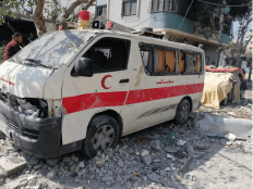 An ambulance was damaged in the bombing of Al-Batnji and Al-Badawi buildings, northern Gaza © Al-Haq, 20 May 2021