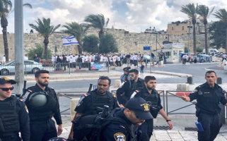 Israeli forces forcefully evacuate Damascus Gate premises as Israeli settlers 'celebrate', Al-Haq (C) 13 May 2018.